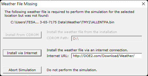 The following weather file is required to perform the simulation for the selected location but was not found.